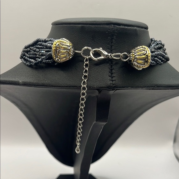 Elegant Black Beaded  Necklace with Gold and Silver tone Pendant  with Quartz - Picture 5 of 14